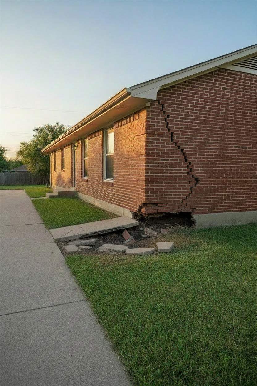 A Tulsa brick home with stair-step cracks in the wall and a sunken, cracked walkway before foundation repair
