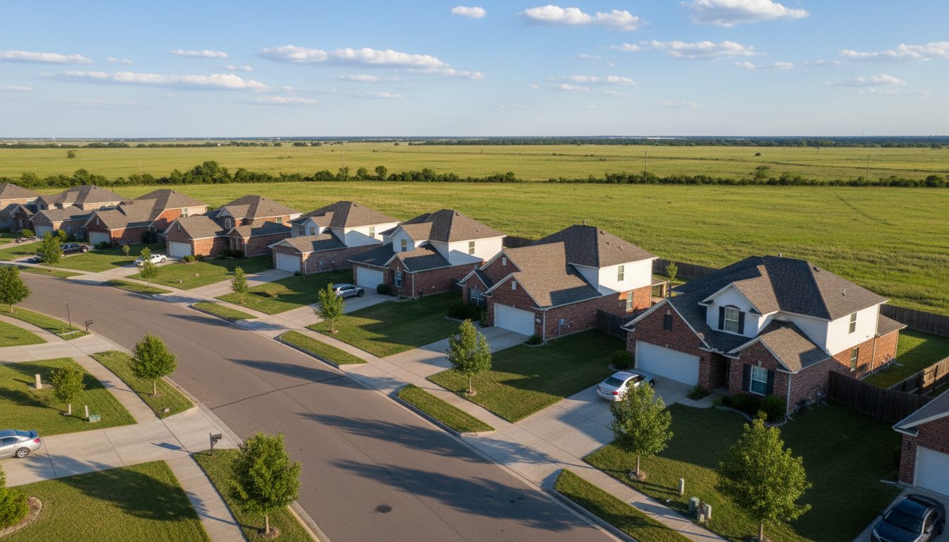 A quiet residential street of brick homes in Broken Arrow, Oklahoma