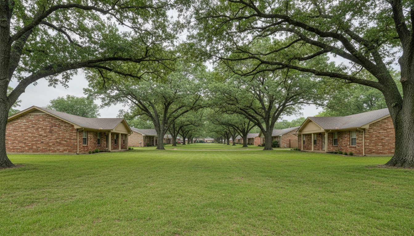 A residential street of brick ranch homes in Catoosa, Oklahoma, in Rogers County