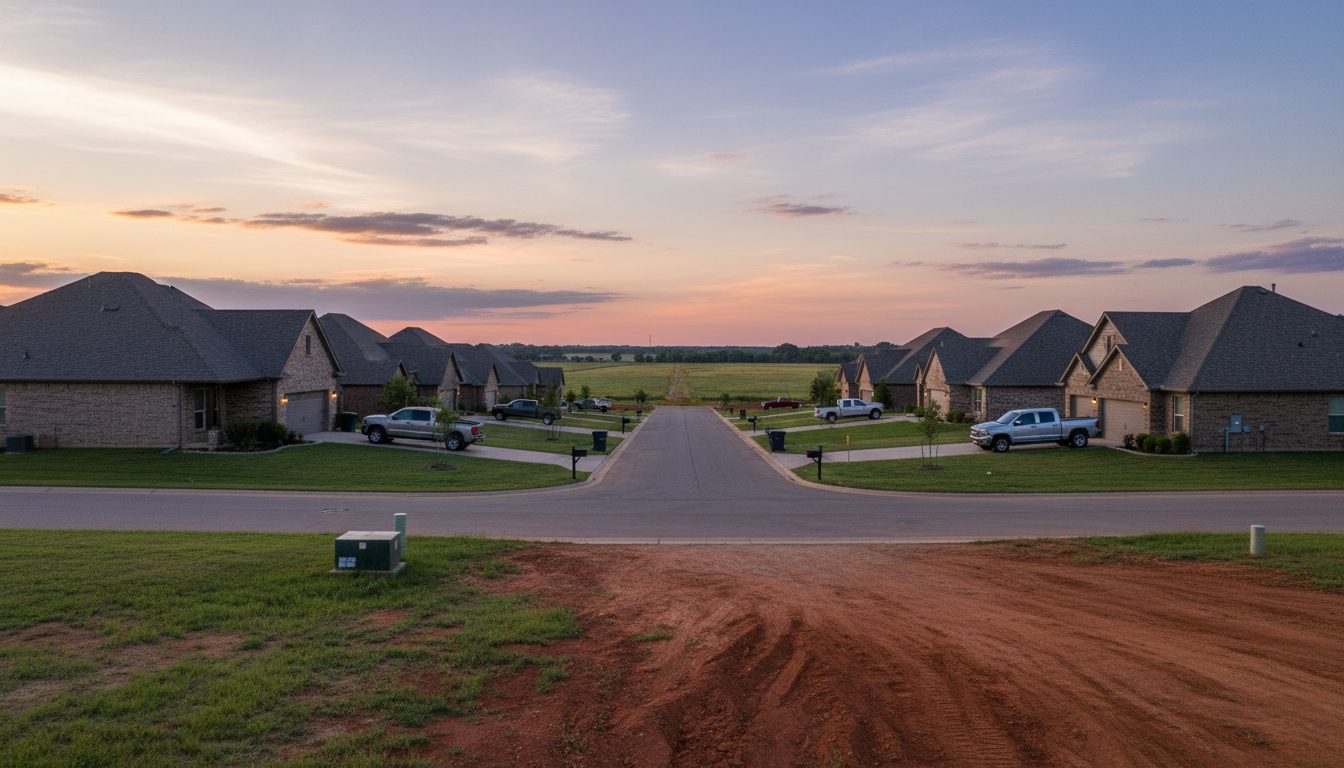 A suburban street of newer homes in Glenpool, Oklahoma, on open Green Country ground