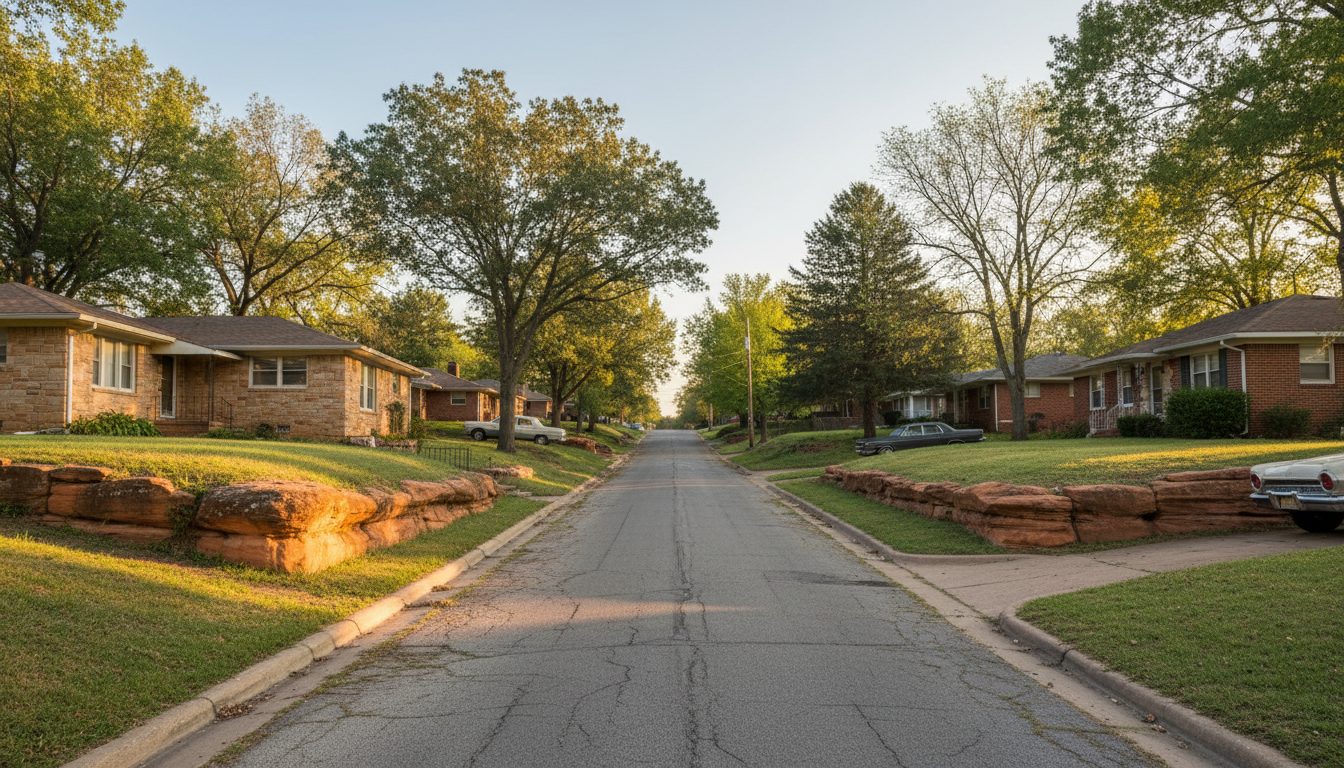 A hillside neighborhood street in Sand Springs, Oklahoma, near the Arkansas River