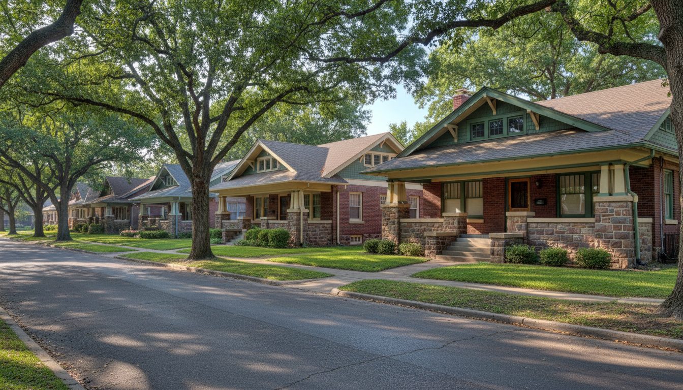 A tree-lined street of early-1900s bungalows in Sapulpa, Oklahoma, in Creek County