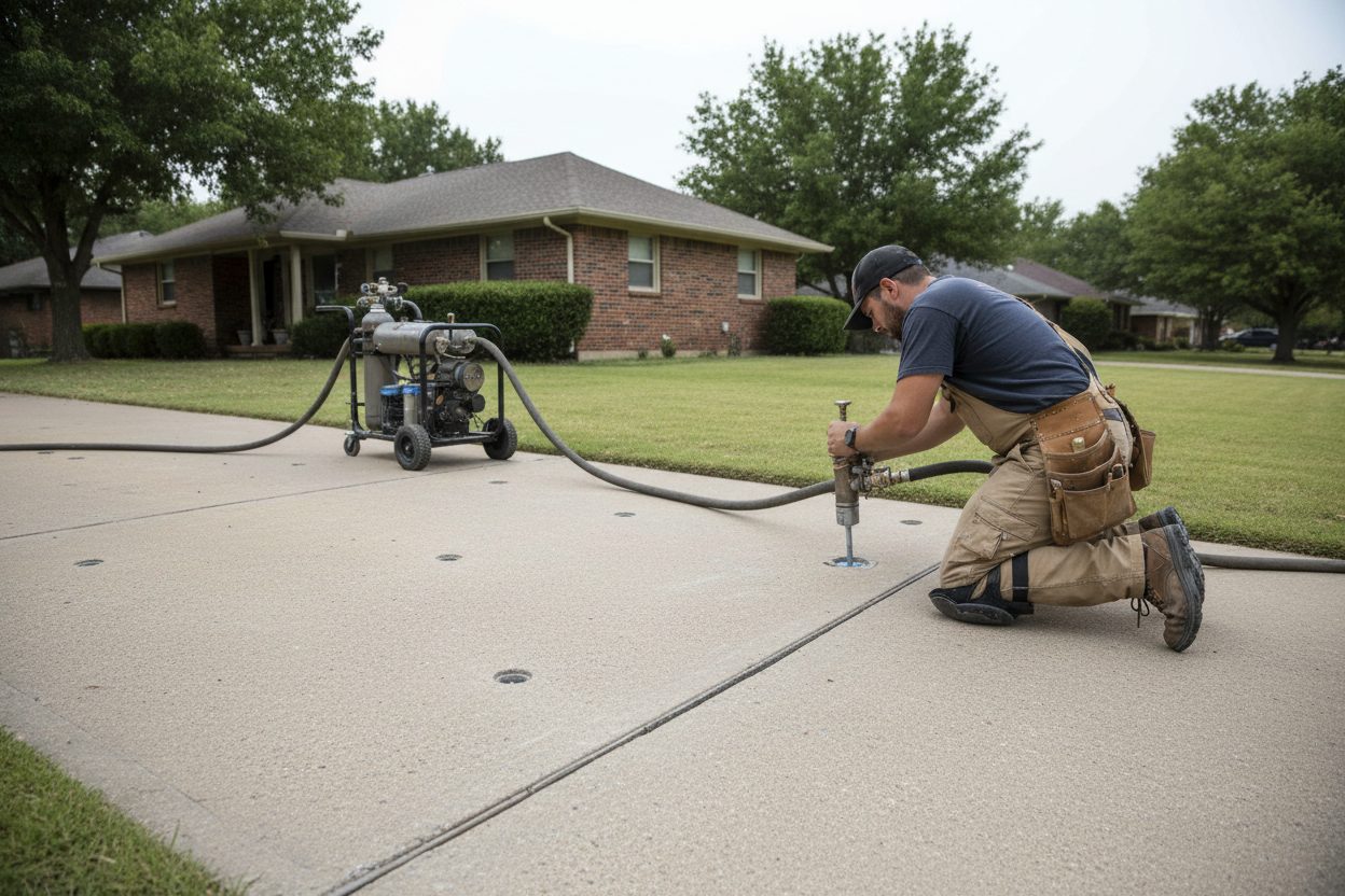 Concrete leveling in progress on a Tulsa driveway: polyurethane foam injected through small ports to lift a sunken slab