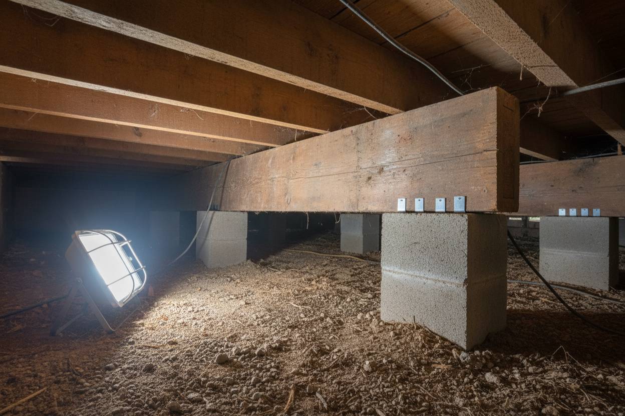 A crawl space under a Tulsa pier-and-beam home with wood beams and support piers visible
